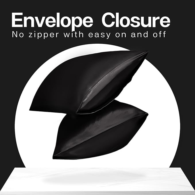 Renva Set of 2 Satin Silk Pillowcase for Hair and Skin Standard Size 18"X 28" with Soft Breathable Smooths Cooling Pillow Covers for Sleeping(Black)