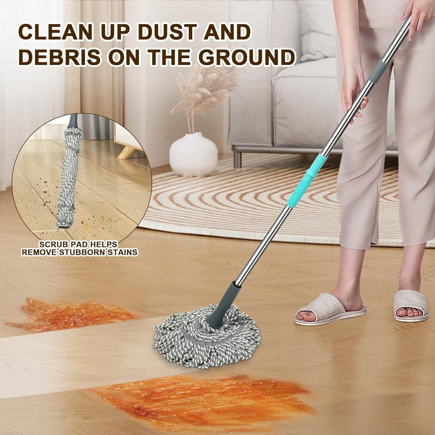 Self-Wringing Twist Mop, 44.5" Handle, Heavy Duty Floor Cleaner