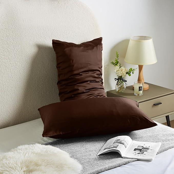 Renva Set of 2 Satin Silk Pillowcase for Hair and Skin Standard Size 18"X 28" with Soft Breathable Smooths Cooling Pillow Covers for Sleeping (BROWN )