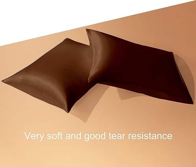 Renva Set of 2 Satin Silk Pillowcase for Hair and Skin Standard Size 18"X 28" with Soft Breathable Smooths Cooling Pillow Covers for Sleeping (BROWN )