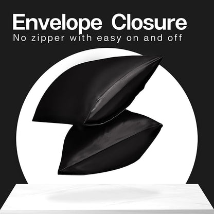 Renva Set of 2 Satin Silk Pillowcase for Hair and Skin Standard Size 18"X 28" with Soft Breathable Smooths Cooling Pillow Covers for Sleeping(Black)