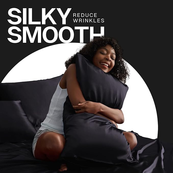 Renva Set of 2 Satin Silk Pillowcase for Hair and Skin Standard Size 18"X 28" with Soft Breathable Smooths Cooling Pillow Covers for Sleeping(Black)