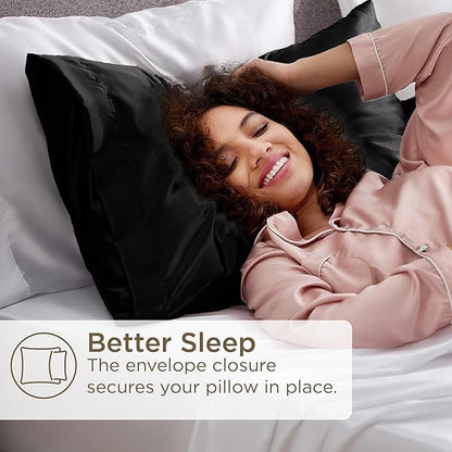 Renva Set of 2 Satin Silk Pillowcase for Hair and Skin Standard Size 18"X 28" with Soft Breathable Smooths Cooling Pillow Covers for Sleeping(Black)