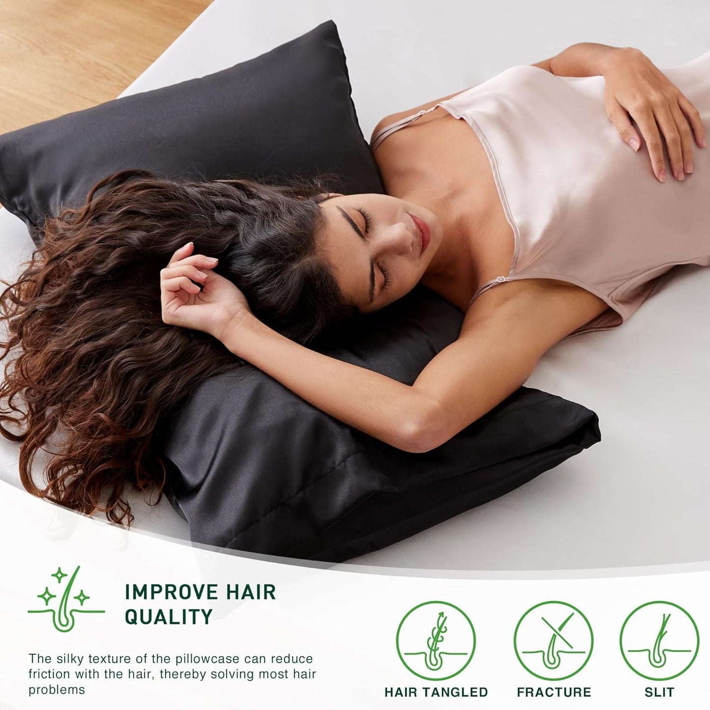 Renva Set of 2 Satin Silk Pillowcase for Hair and Skin Standard Size 18"X 28" with Soft Breathable Smooths Cooling Pillow Covers for Sleeping(Black)