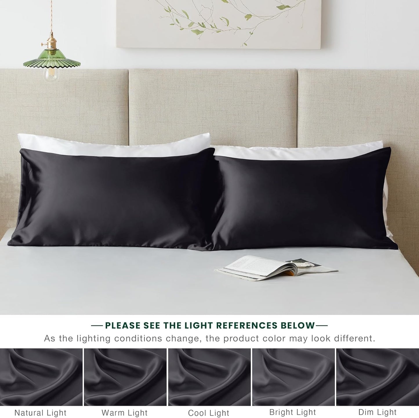 Renva Set of 2 Satin Silk Pillowcase for Hair and Skin Standard Size 18"X 28" with Soft Breathable Smooths Cooling Pillow Covers for Sleeping(Black)