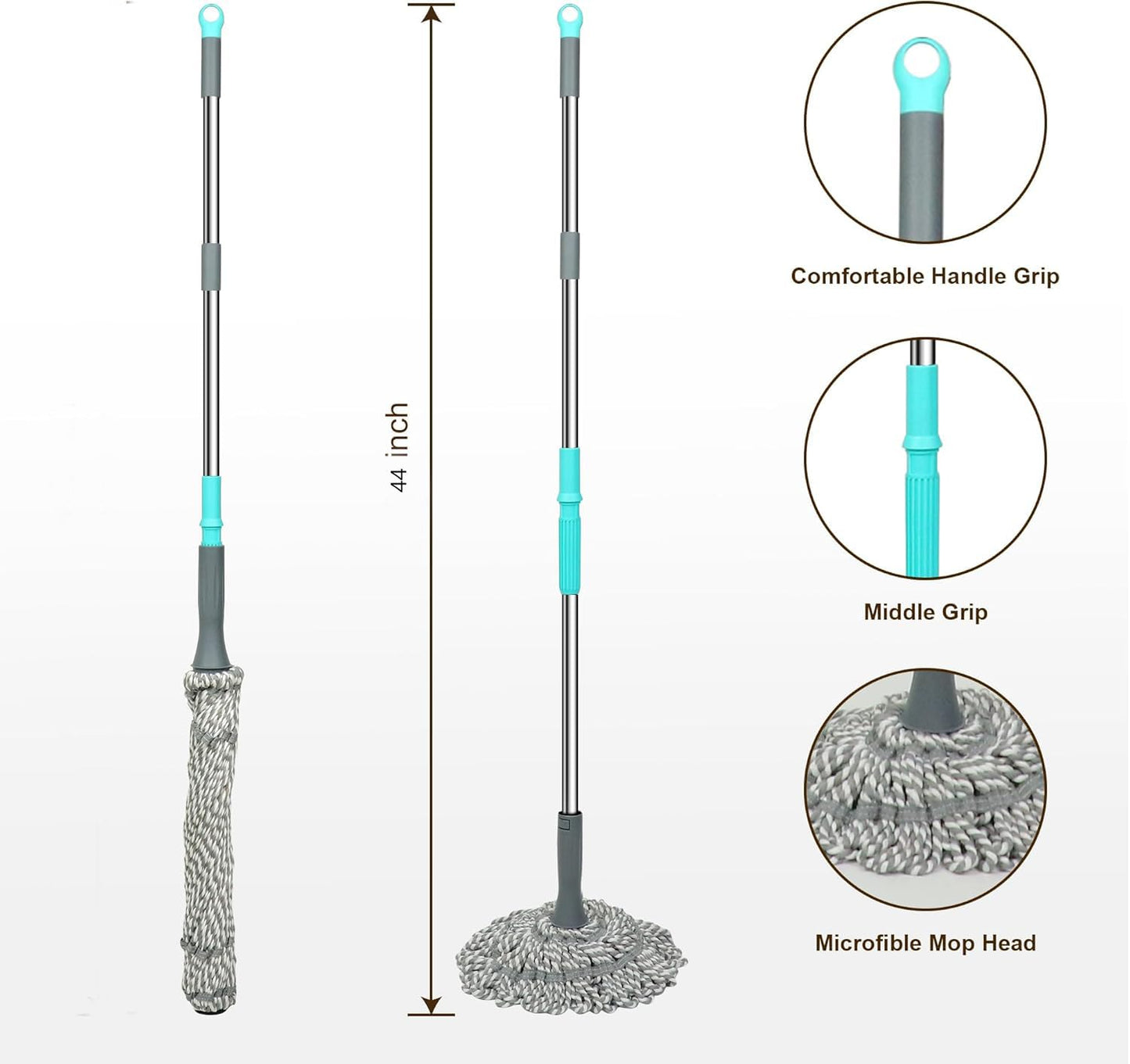 Self-Wringing Twist Mop, 44.5" Handle, Heavy Duty Floor Cleaner